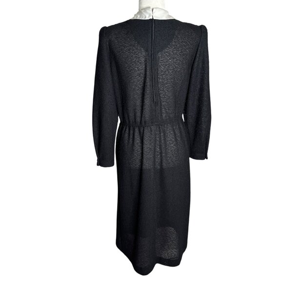 Vintage 70s Long Sleeve Knit Dress Medium Sheer Black Peter Pan Collar Zipper - Picture 5 of 9